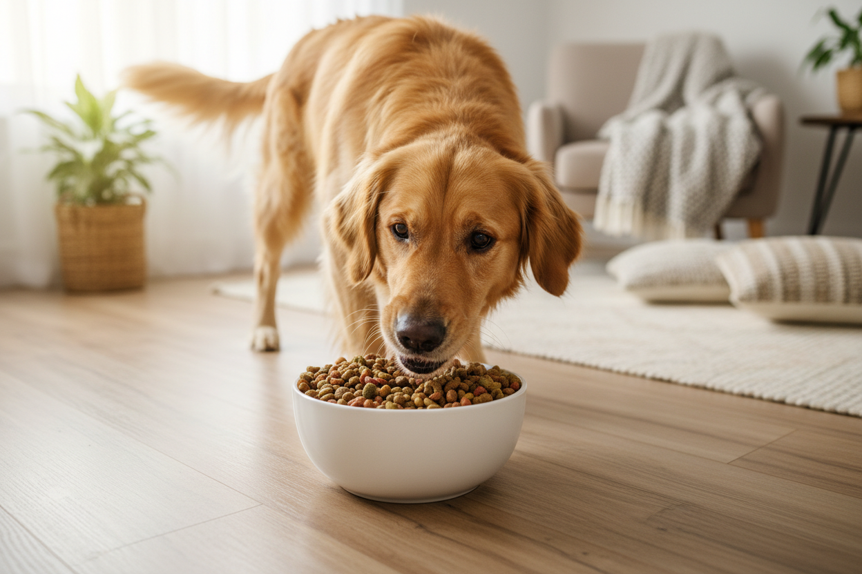 Happy dog eating premium dog food