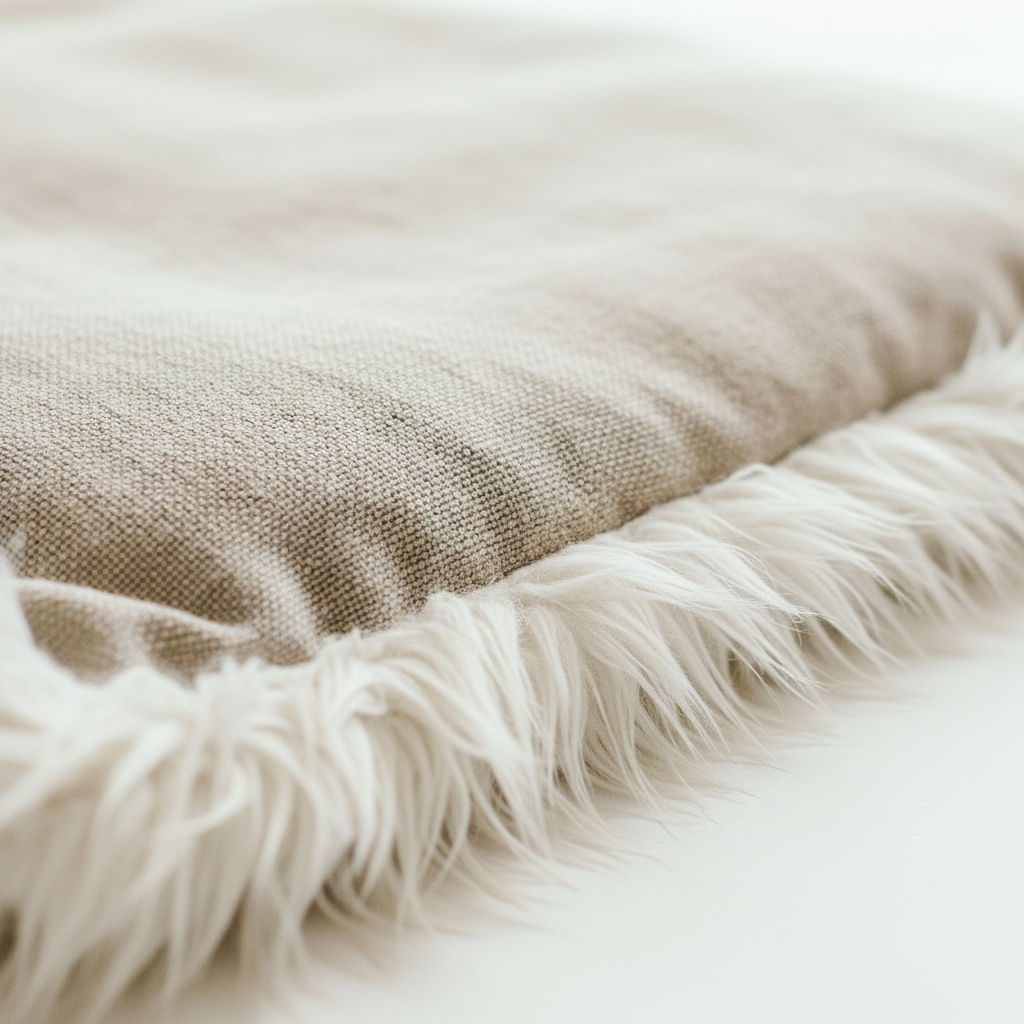 Macro close-up of natural linen fabric and white faux fur trim texture detail on pet mat