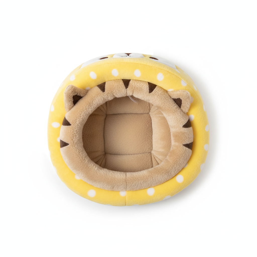 Top-down view of yellow plush cat cave bed showing cushioned interior on white background
