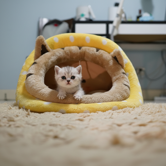 Kitten peeking out from yellow plush cat cave bed at 45-degree angle in bright modern living room