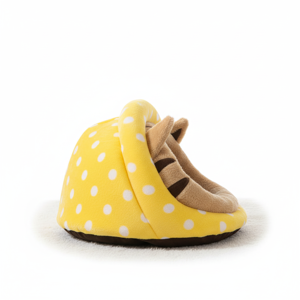 Side profile view of yellow hooded cat cave bed showing full depth and structure on white background