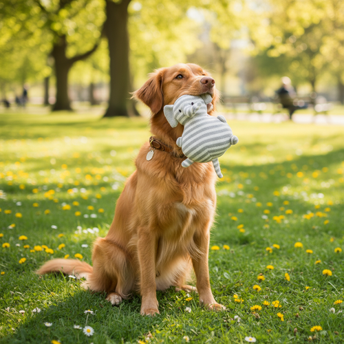Golden retriever with striped plush toy outdoors in sunny park lifestyle shot