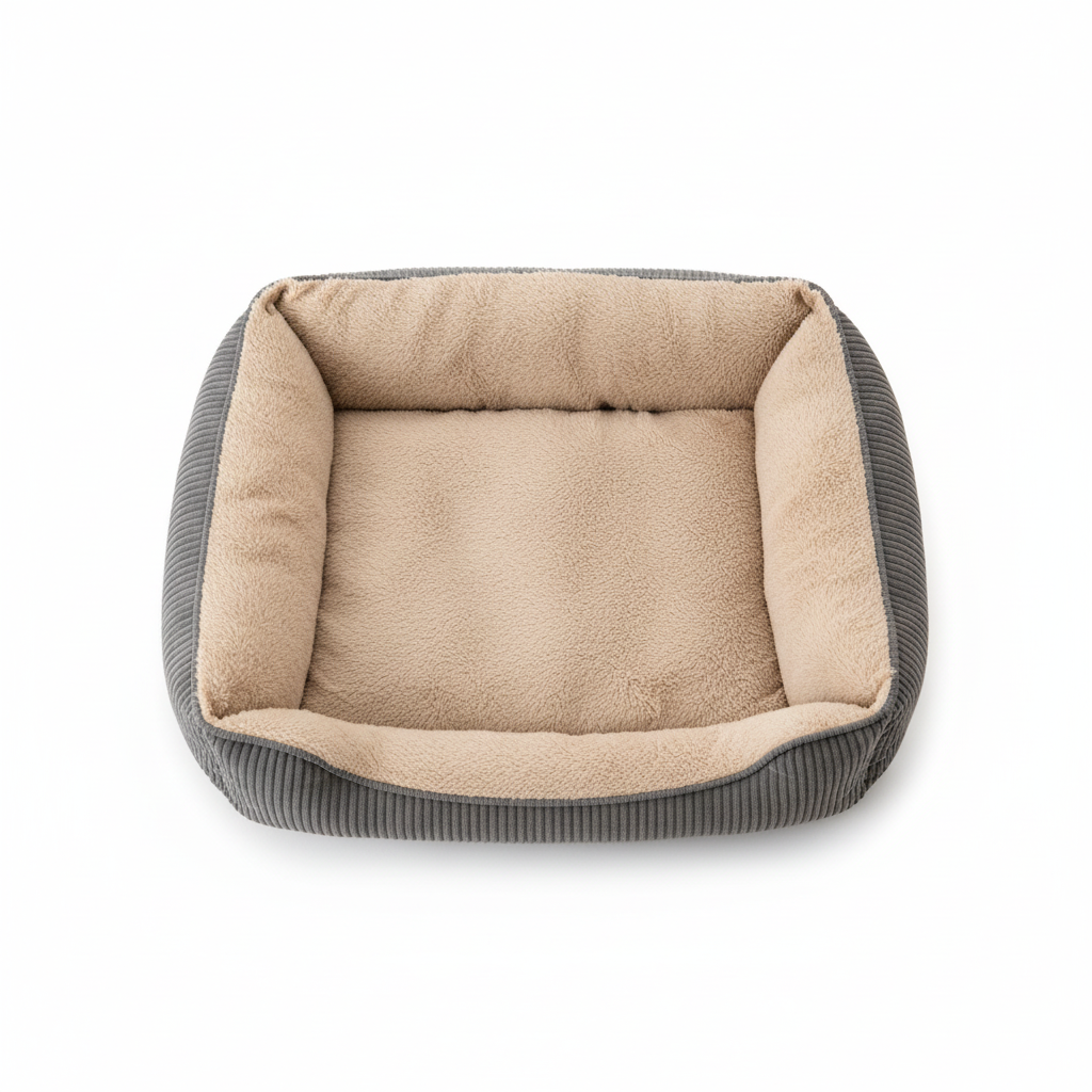 Top-down bird's-eye view of large grey corduroy dog bolster bed with beige plush interior on white background