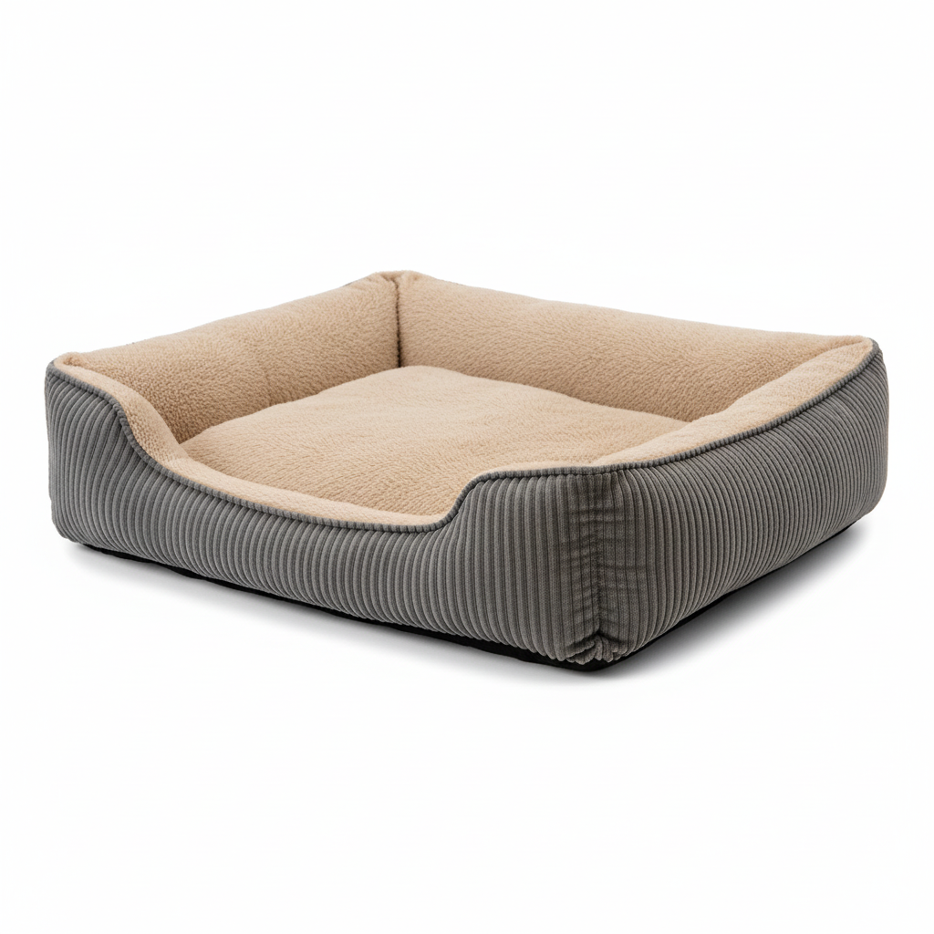 Close-up side angle of grey corduroy dog bolster bed showing raised edge detail and thick cushion depth