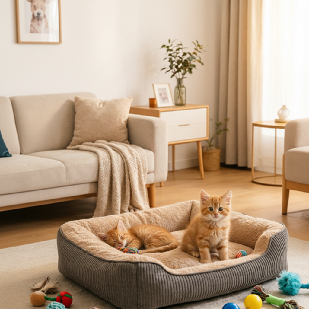 Golden retriever lying on grey bolster dog bed at eye level in a cozy Scandinavian living room with warm natural light