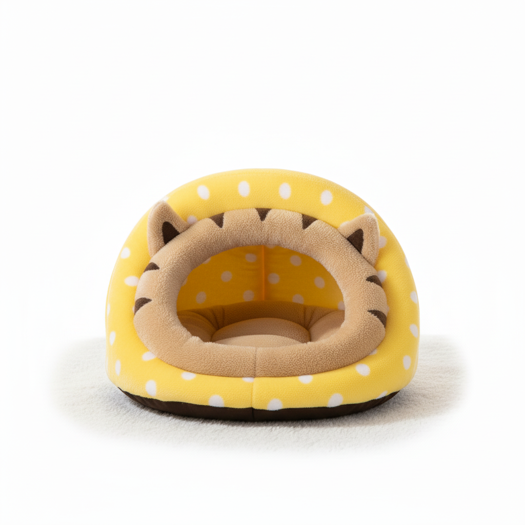 Yellow Polka Dot Pet Cave Bed - Front View